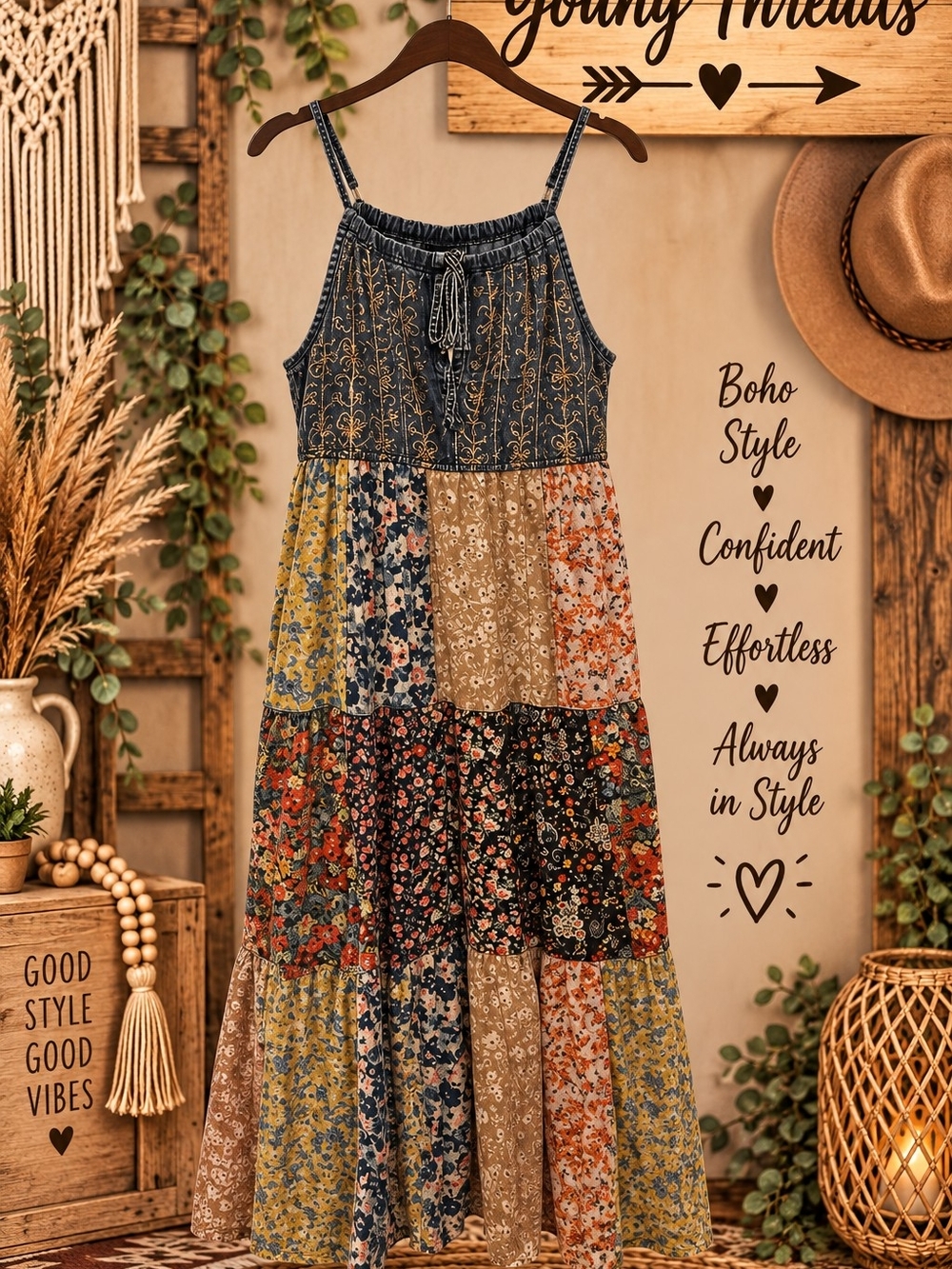 Boho Floral Patchwork Maxi Dress with Adjustable Straps
